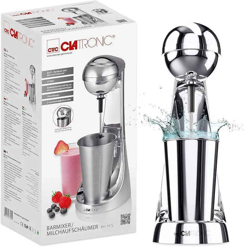 Clatronic BM 3472, 2in1 barixer & mjölkbehållare i ett, 450 ml kapacitet, 2 hastighetnivåer, rostfritt stål kopp & -mixstav, kromdesign — Kök & Hushåll