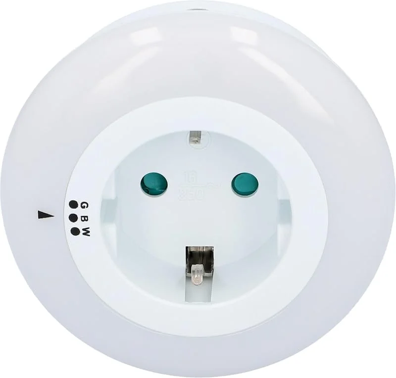 UNITEC LED-nattlampa med uttag, orienteringsljus, 3 nyanser, skymningssensor, mellankontakt med belysning, rund — Hushållselektronik