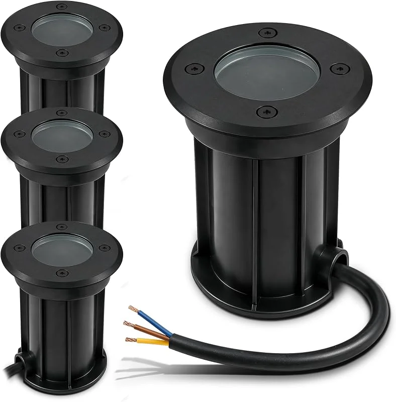 linovum Set om 4 infällbara spotlights för golv svart utomhus GU10-sockel (utbytbar) – runda golvspotlights IP67, flyttbara och reptåliga — Smart belysning