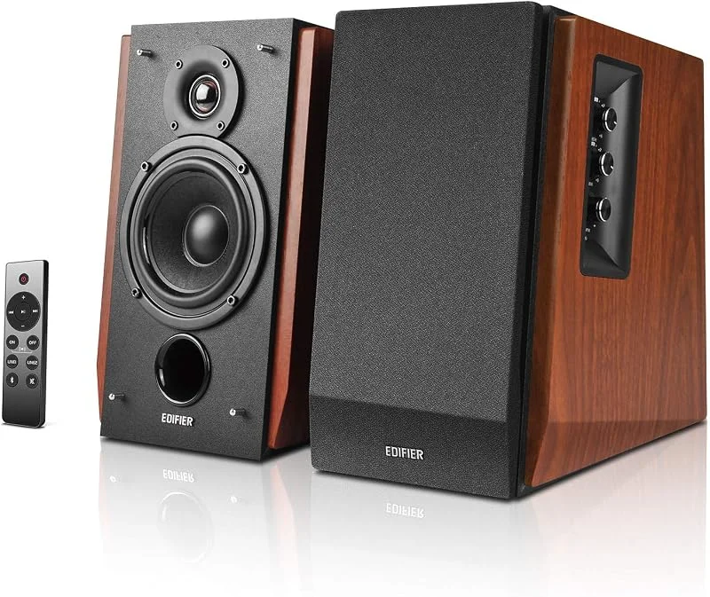 Edifier R1700BTs aktiva högtalare – Bluetooth v5.0, 2.0 Trådlös närfält Studio – 66 W RMS med subwooferutgång – trähölje, brunt — Hörlurar och ljud