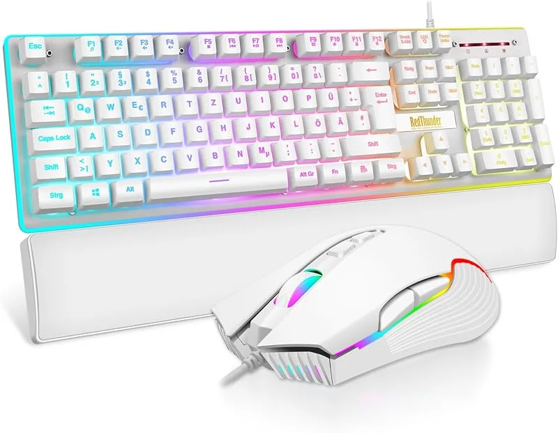 RedThunder K10 Set med tangentbord och mus, QWERTZ DE, metallplatta och handledsstöd, RGB-bakgrundsbelysning och 7D med ergonomisk design för PC, Mac Gamer (vit ) — Datortillbehör