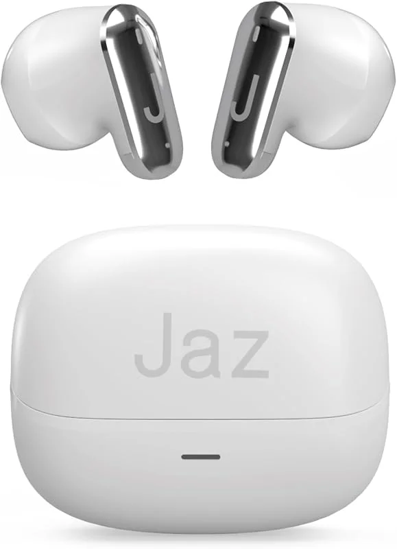 JAZ Orion Semi In-Ear True Wireless Stereo-hörlurar, ultra kompakt, laddningsfodral, inbyggd mikrofon, beröringskontroller, för smartphone, surfplatta, bärbar dator, 20 timmar, vit — Hörlurar och ljud