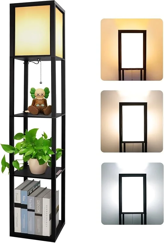 Golvlampa av trä, golvlampa med hylla 3 färgtemperaturer 3000–5000 K, golvlampa trähylla med E27-fattning, hörnhylla, hyllbelysning, retro för vardagsrum, sovrum, kontor (glödlampor ingår) — Smart belysning