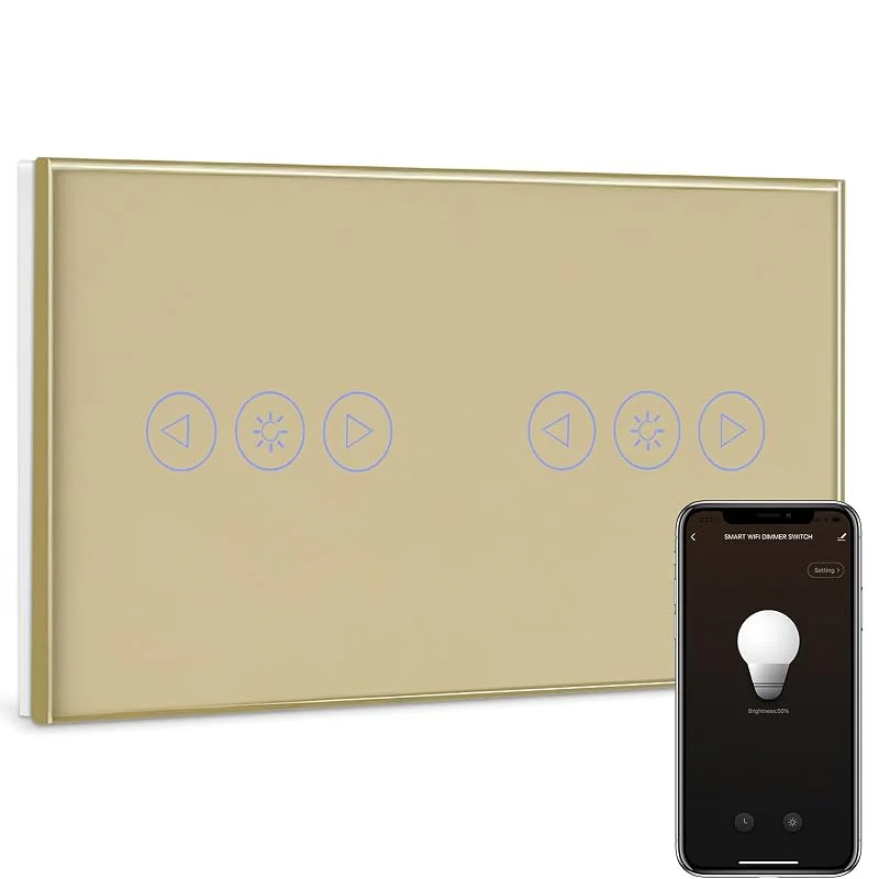 BSEED Smart dimmer strömbrytare dubbel 1 fack 1 väg wifi smart led dimmer strömbrytare fungerar med Alexa, touch väggströmbrytare glas pekskärm guld (neutral ledare krävs) — Smarta hem