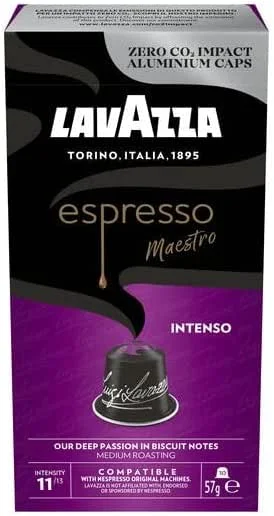 Lavazza Espresso Maestro Intenso, Arabica e Robusta, medelrostning, aluminiumkapslar, Nespresso-kompatibel, Zero CO2-kollektion, 10 paket med 10 kapslar — Kök & Hushåll