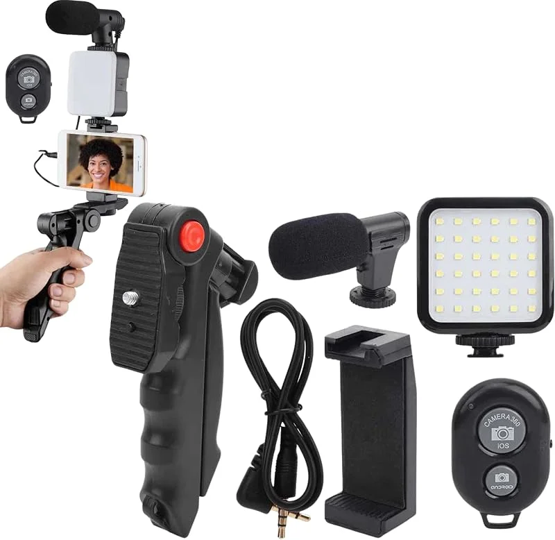 PARENCE.- Komplett vloggningskit för smartphones - Justerbart stativ, siktmikrofon, LED-belysning, Bluetooth-fjärrkontroll, universellt stativ - videoinspelning, YouTube, TikTok, streaming — Mobil och surfplatta