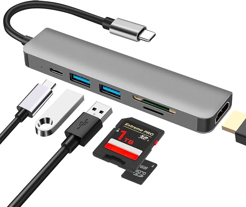 USB C Hub 6-in-1 med HDMI 4K SD, TF-kortläsare USB 3.0, 2.0 — Laddning och kablar