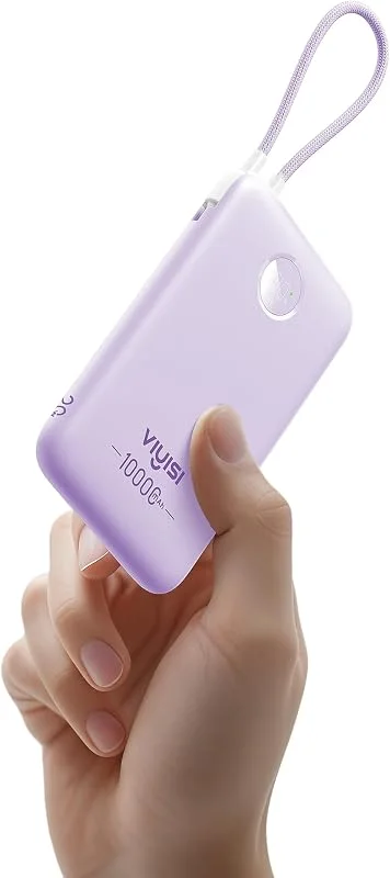 VIYISI Power Bank 10000 mAh, externt batteri max 22, 5 W, ultrakompakt batteripack med inbyggd USB-C-kabel och LED-display för iPhone 17, 16, 15, Galaxy Google – Lila — Mobil och surfplatta