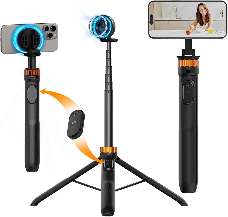 K&F Concept MS19 magnet selfie stick stativ, 162 cm mobiltelefonstativ med avtagbar fjärrkontroll, stativ för smartphone, ministativ kompatibelt med iPhone 15, 14, 13, 12, magnetisk ring utrustad — Mobil och surfplatta