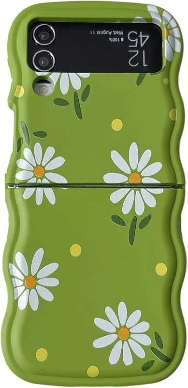 UEEBAI Fodral till Samsung Galaxy Z Flip 3, 4 5G, vågig ramform silikon mobiltelefonfodral med tusensköneblommönster, smal passform mjukt TPU stötdämpande skyddsfodral för kvinnor flickor, grön blomma — Mobil och surfplatta