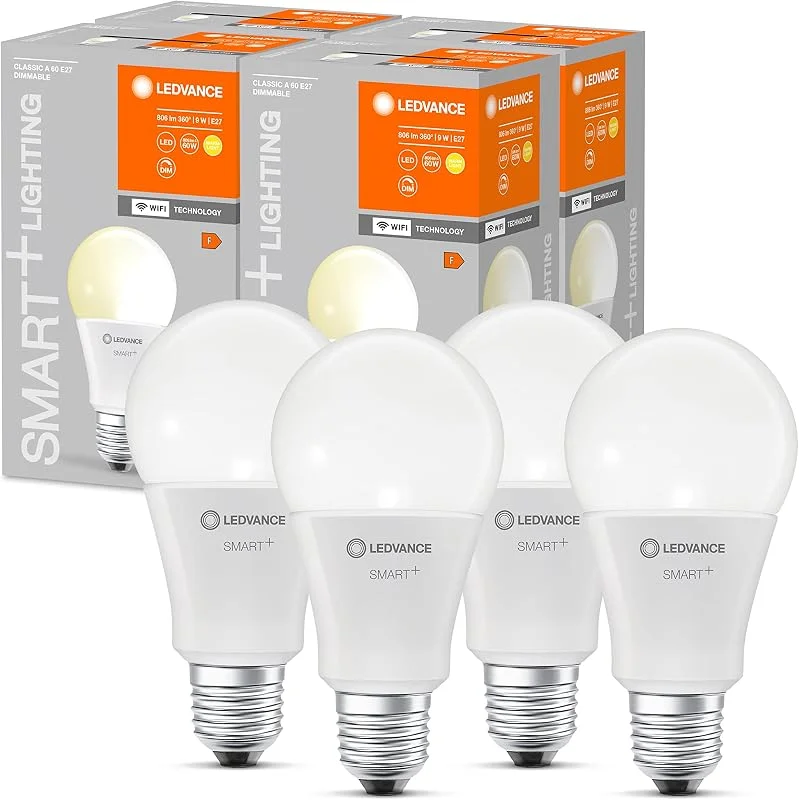 LEDVANCE Smart LED-Lampor med WiFi-teknik, E27-sockel, dimbar, varmvitt (2700 K), ersätter glödlampor med 60 W, SMART+ WiFi Classic Dimmable, 4-pack — Smarta hem