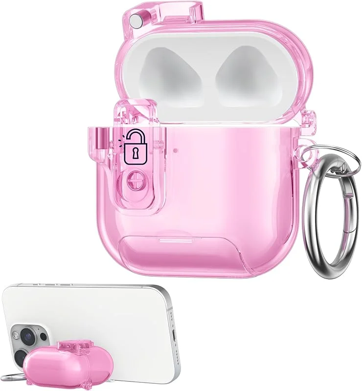 kwmobile Genomskinligt hörlursfodral kompatibelt med Apple Airpods 4 fodral – TPU hörlursskydd med telefonstativ & säkert lås – rosa — Mobil och surfplatta