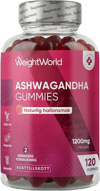 Ashwagandha Gummies – 1200 mg per portion – 120 veganska gummies – 2 månaders förbrukning – Naturlig hallonsmak – 2 per dagligen – Withania somnifera – WeightWorld — Datortillbehör