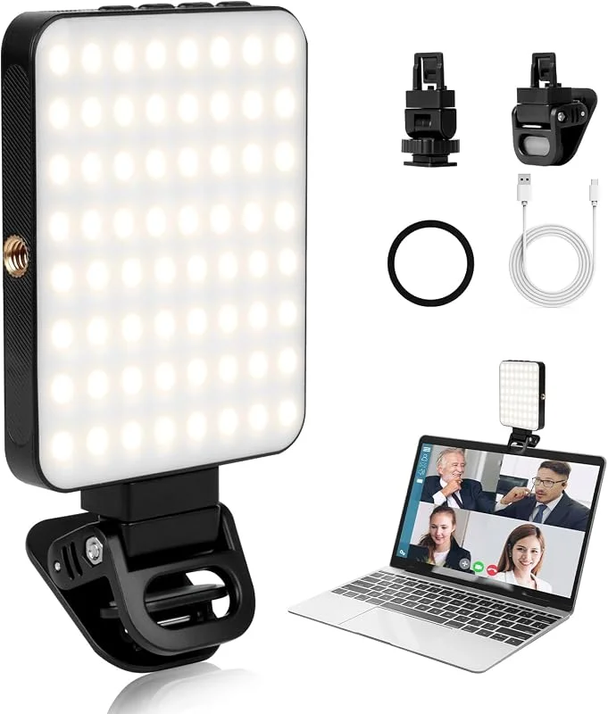 AiQInu 128 LED-videolampa, 3 lägen för videolampa, inbyggda 2000Mah batterier, CRI 95+, selfie lampa klämtelefon, videokonferen för iPhone, iPad, bärbar dator — Mobil och surfplatta