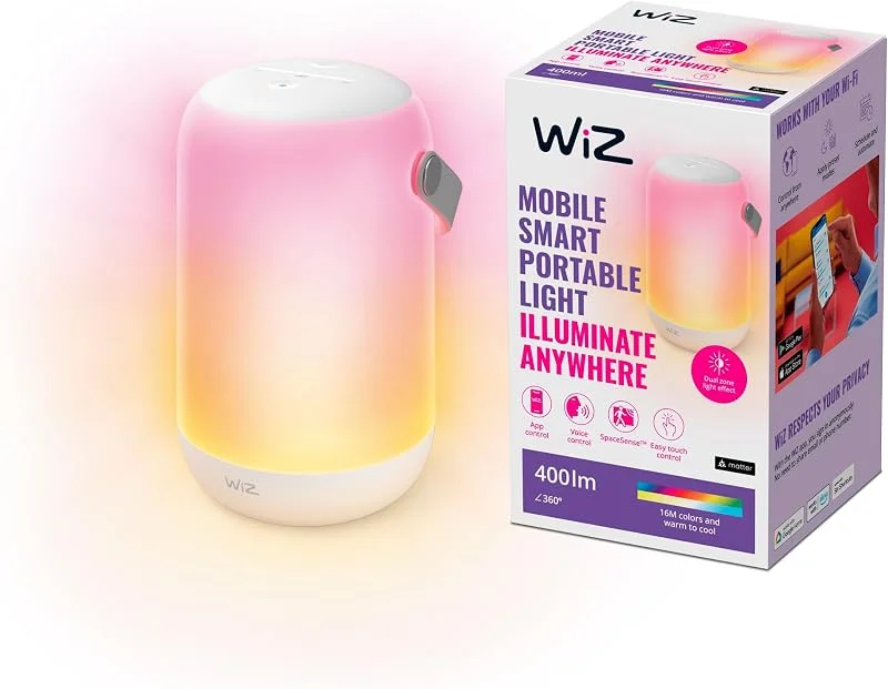 WiZ True Portabel Bordslampa (WiZ Color), vit, EU Type C - Smart LED belysning (WiFi och Bluetooth), 13, 5W, 2200-6500 Kelvin, Dimbar i kallvitt till varmvitt + 16 miljoner färger — Smart belysning