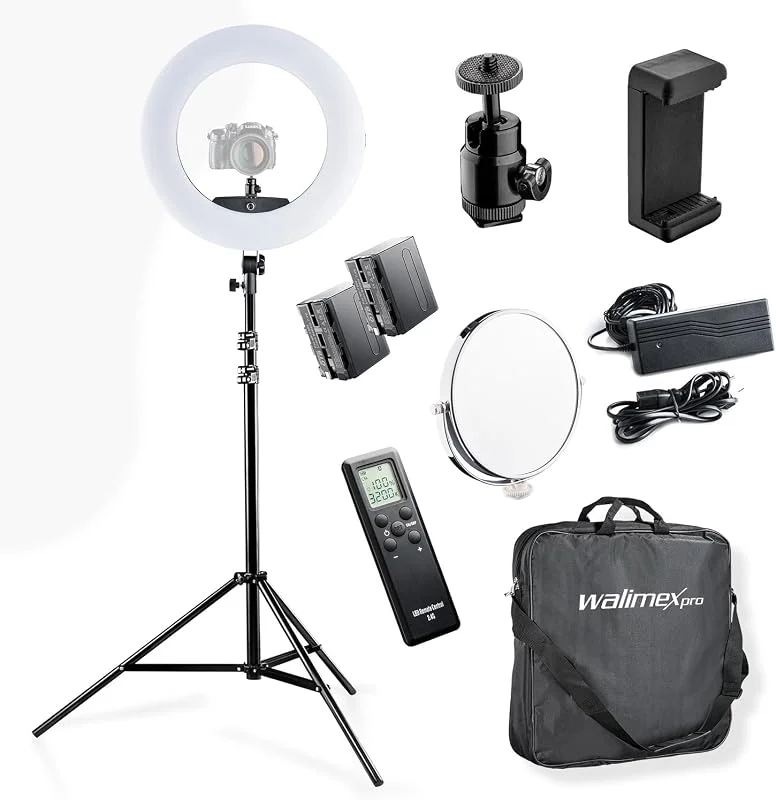 Walimex pro Medow 960 Pro LED-ringljusset inkl. stativ & NP-F-batterier, ringljus i två färger, dimbart videoljus med fjärrkontroll 96 W, lampstativ med fjäderdämpning — Mobil och surfplatta