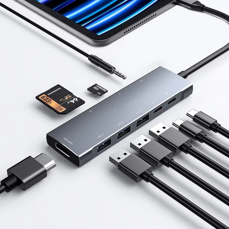USB C HUB för iPad Pro 9-i-1 adapter iPad Pro 2021 2020 2018 12, 9 11 tum iPad Air 5 4 tillbehör med 4K HDMI, PD laddningsport, SD, Micro SD-kortläsare, USB 3.0, 3, 5 mm hörlursanslutning typ C data — Laddning och kablar