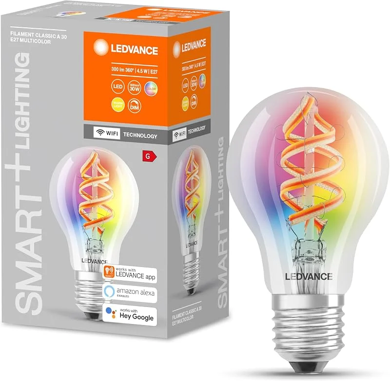 LEDVANCE Smart LED-lampa med Wifi, E27-sockel, dimbar, RGB-färger och ljusfärg som kan ändras, klassisk A-form, klar, kontrollerbar med Alexa, Google och App — Smarta hem
