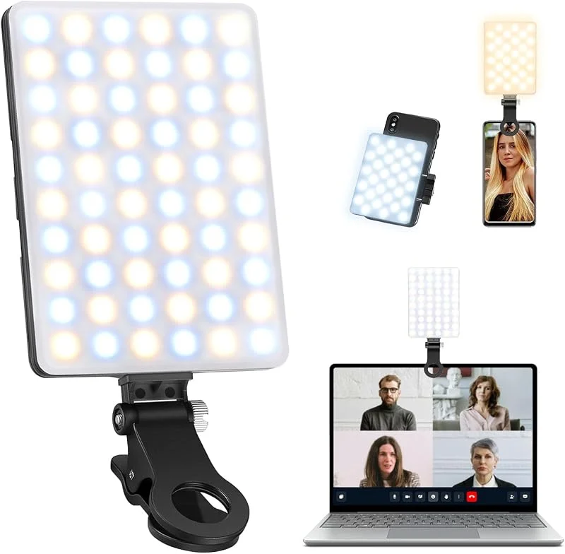 60 LED uppladdningsbar klämma fyllning video konferen med fram- och bakklämma, justerade 3 ljuslägen för smartphone, iPhone, Android, iPad, bärbar dator, för makeup, TikTok, Selfie, Vlog — Mobil och surfplatta