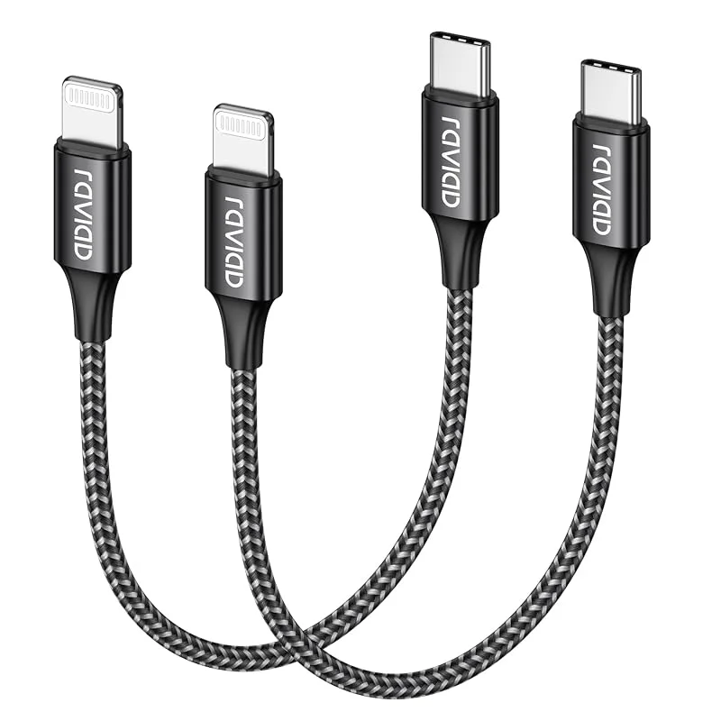RAVIAD USB C till Lightning-kabel kort [2-pack 0, 15m] iPhone-laddningskabel MFi-certifierad strömförsörjande nylon USB C Lightning-kabel för iPhone 14, 13 Pro Max, 12 Pro Max, 12, 11 Pro, X, XS, XR, SE-Svart — Mobil och surfplatta