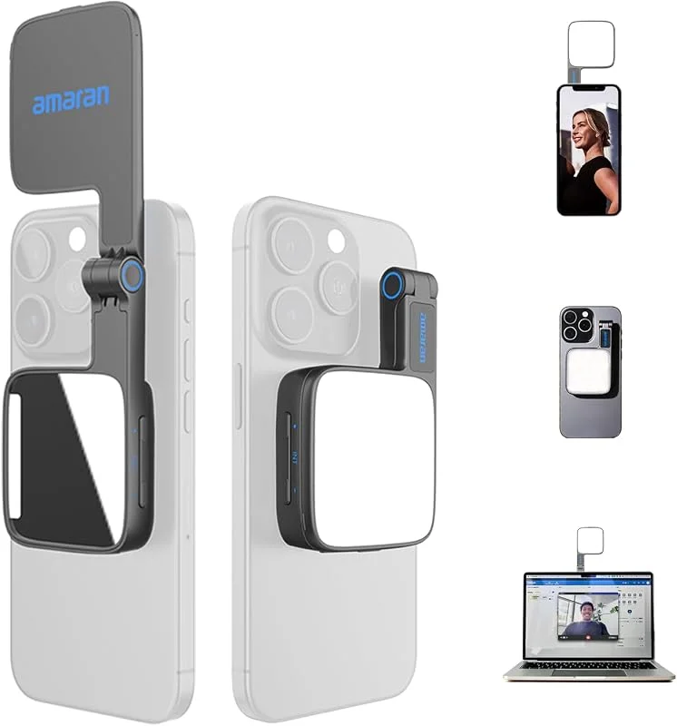 Amaran Go magnetisk selfie-telefonlampa, kompatibel med MagSafe och Qi2-magneter, dubbel LED-ljuskälla med justerbart spegelljus och CCT (2700K-6500K), för selfies, smink och innehållsskapande (kol) — Mobil och surfplatta