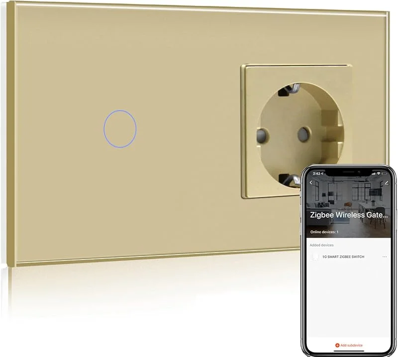 BSEED Normalt eluttag med smart ZigBee-lampbrytare, intelligent väggströmbrytare, kompatibel med Alexa och Google Home, enkel 1-vägs infälld strömbrytare på 250 V, guldfärgad (hubb krävs) — Smarta hem