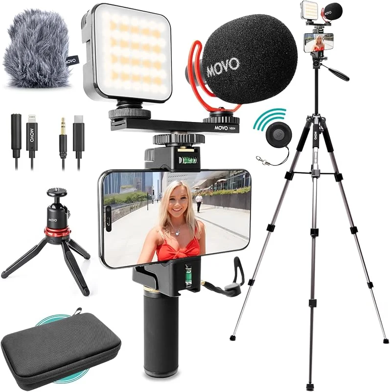 Movo iVlogger-PRO Vloggingkit med fullt stativ för iPhone, Android – YouTube startpaket för innehållsskapare – tillbehör: telefonstativ, telefonmontering, RGB-ljus och VXR10 hagelgevär mikrofon — Mobil och surfplatta