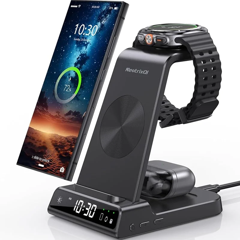 Trådlös laddare för Samsung Galaxy S25 Ultra, induktiv laddningsstation för Samsung Galaxy Watch Ultra 7 6, laddare med digital klocka för Samsung Galaxy S24, S23, S22, Galaxy Buds Pro 2 (Svart) — Mobil och surfplatta