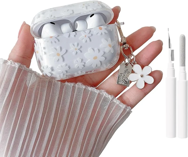 MINSCOSE för AirPods Pro 3:e generationens fodral (2025) med rengöringsset, söt blommönster, design med blomnyckelring, mjukt TPU-skyddsfodral för AirPods Pro 3– vit blomma — Mobil och surfplatta