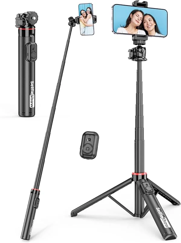 Aluminium Selfie Stick-stativ, Selfie Stick med fjärrkontroll och 360° kulhuvud, utdragbart 4 i 1 Smartphone-stativ med Cold Shoe Lätt resestativ Kompatibelt med iPhone 16, 15, 14, Android — Mobil och surfplatta