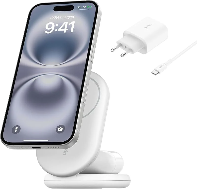 Belkin BoostCharge 2-i-1 magnetisk hopfällbar Qi2-laddare 15 W, trådlös MagSafe-snabbladdare för Apple iPhone 12, 13, 14, 15, laddningsstation med halkfri sockel, strömförsörjning medföljer - Vit — Mobil och surfplatta