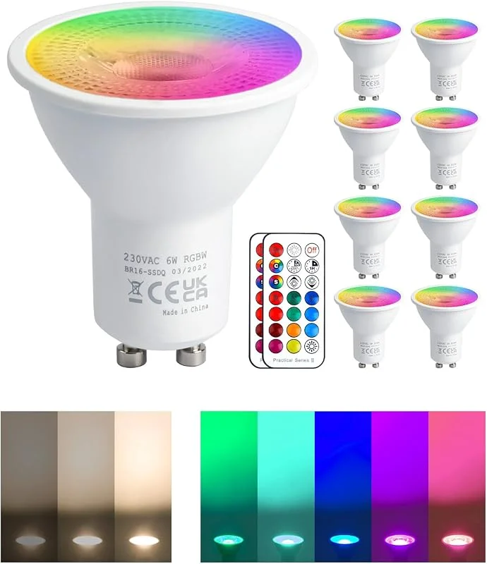 REYLAX 8pcs GU10 6W LED-Lampor, RGB + Varmvit, LED-Spotlight Med Färgbyte, 12 Färger 5 Lägen, Minnesaktivering, Dimning Med Infraröd Fjärrkontroll — Smart belysning