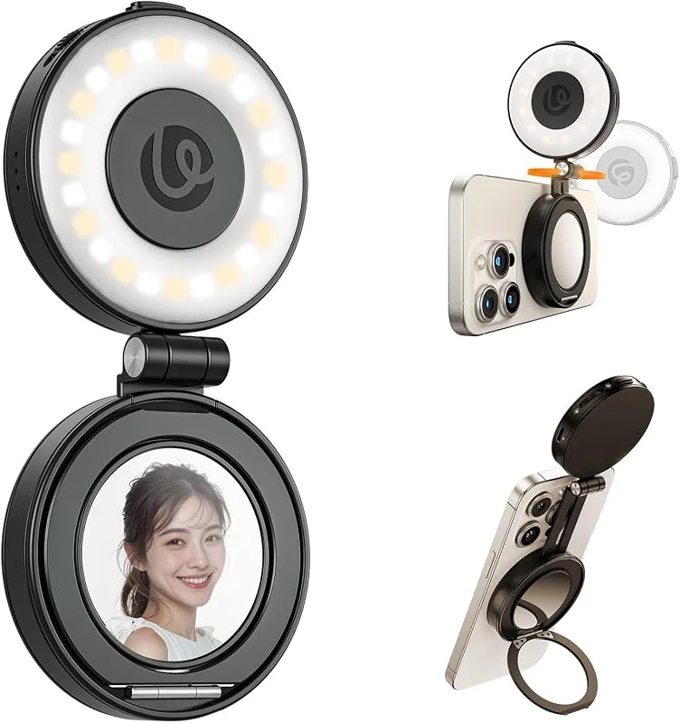 ULANZI LM23 Magnetisk Selfie-lampa kompatibel med MagSafe, förbättrad 360° selfie-ringlampa för iPhones, LED-skönhetslampa med spegel för selfies, videosamtal, konferenser, fotografering (Svart) — Mobil och surfplatta