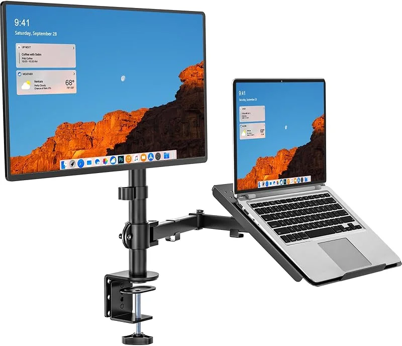WALI Laptop- och skärmstativ, helt justerbart bildskärmsfäste och laptopfack för 1 bärbar dator upp till 17 tum och 1 skärm upp till 27 tum, 10 kg, 22 pund, viktkapacitet (M001LP), svart — Datortillbehör