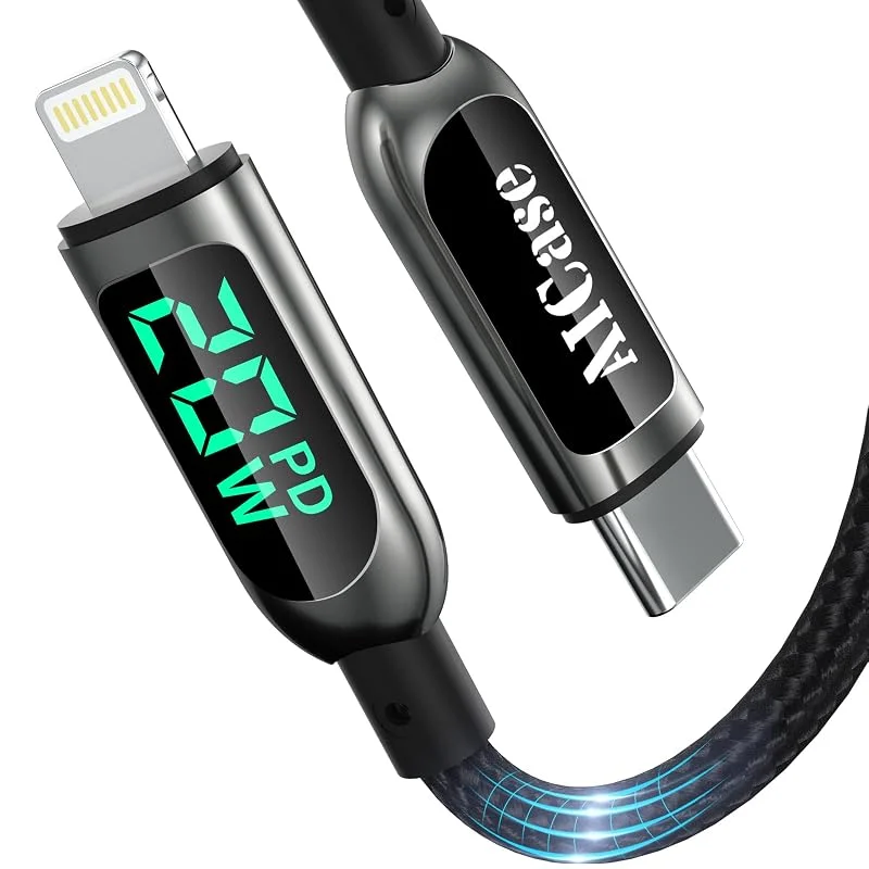 AICase USB C Auf Lightning-Kabel, 1, 2 m lasersynkronisering med LED-display, kompatibel med iPhone 13 Pro 12 Pro Max 12 11 X XS XR 8 Plus, airpods Pro, stöder strömförsörjning (1, 2 m) — Mobil och surfplatta