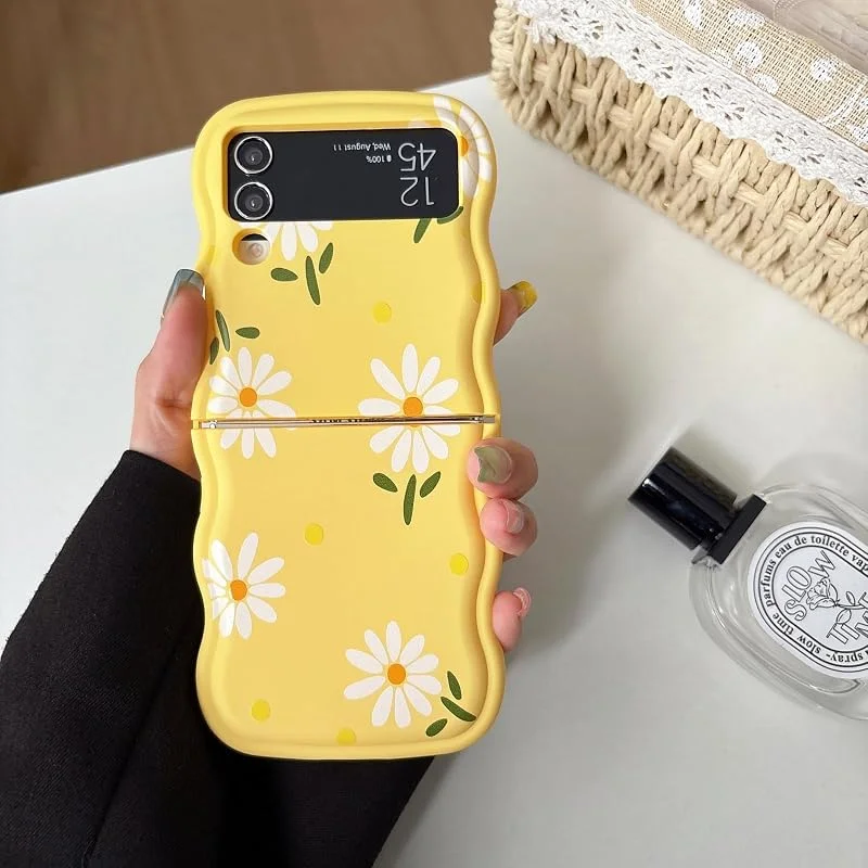 UEEBAI Fodral för Samsung Galaxy Z Flip 3, 4 5G, vågor ramform silikon mobiltelefonfodral med tusensköna blommor mönster, smal passform mjuk TPU stötfångare skydd fodral skyddsfodral för kvinnor — Mobil och surfplatta
