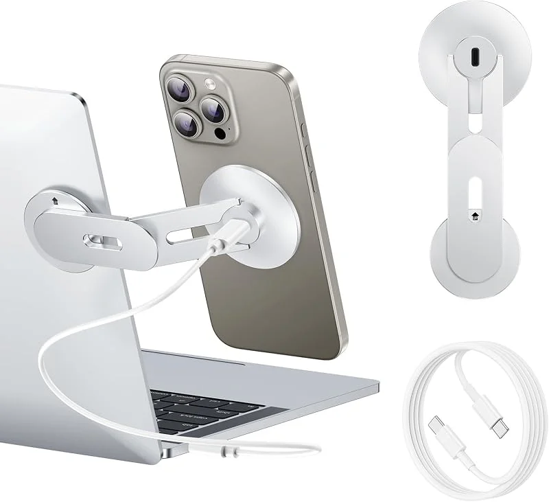 Telefonhållare för bärbar dator, magnetiskt telefonstativ 15 W snabb trådlös laddare för MagSafe för iPhone 17, 16, 15, 14, 13, 12 och alla telefoner för Tesla (silver) — Mobil och surfplatta