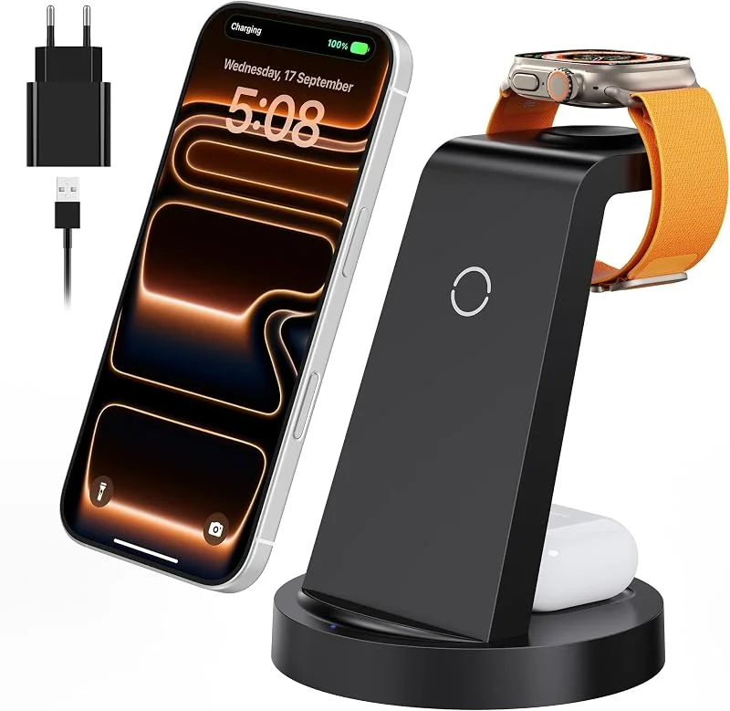3-i-1 laddningsstation för iPhone snabb trådlös laddare för Apple – trådlös laddare för 16e 16 15 14 13 12 11 X Pro Max & Apple Watch 10 9 8 7 6 SE 5 4 3 2 Air Pods 4 3 Pro med 18 W snabbadapter — Mobil och surfplatta