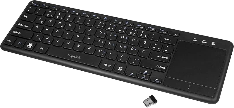 LogiLink ID0188 Trådlöst tangentbord med inbyggd pekplatta, 12 praktiska multimediafunktionstangenter och ett sömnsparläge för PC, Windows, MacOS, Smart TV, Android Box, svart — Datortillbehör