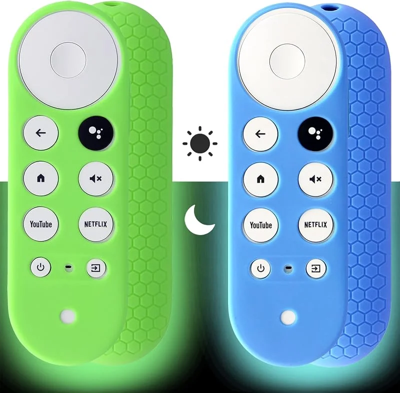 2 st fjärrkontroll (lyser i mörkret) kompatibelt med Chromecast 2020 med Google TV Voice Remote, Pinowu halkskydd stöttåligt silikonfodral (grönt och blå) — TV och streaming