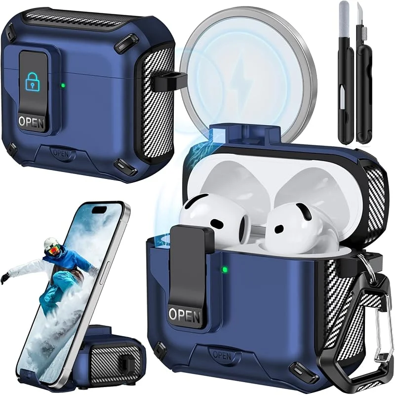 Magnetiskt Fodral med Telefonstativ (för AirPods 5, 4-Marinblå) — Mobil och surfplatta