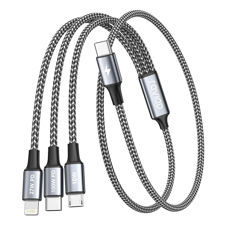 RAVIAD 100 W USB C-kabel med flera laddningskablar, USB C till USB C PD [100W]+USB C till Lightning [27W]+USB C till Micro [10W] för iPhone 15 14, Galaxy S24 S23, Pad Pro, Mini, MacBook, Air — Mobil och surfplatta