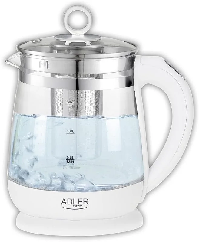 ADLER AD 1299 elektrisk vattenkokare av glas 1, 5 liter, upplyst interiör, tesil, temperaturkontroll från 60 till 100 °C, trådlös, BPA-fritt glas, automatisk avstängning, 2 200 W, vit — Kök & Hushåll