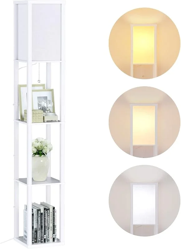 Golvlampa i trä med hylla, 3 färgtemperaturer 3 000–5 000 K, golvlampa i trä med E27-fattning, retro hörnhylla för vardagsrum, sovrum, kontor (lampor ingår) — Smart belysning