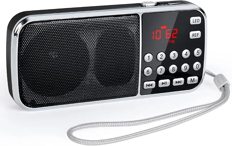 PRUNUS J-189 mini bärbar FM-radio, bärbar radio med Bluetooth-funktion, digital radiolin med utmärkt mottagning, stöd för Micro TF-kort, USB, AUX, med nödficklampa (svart) — Portabel digital och ljud