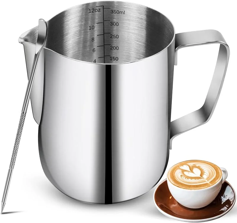 Mjölkskummande kannor 350 ml rostfritt stål espresso ångkanna med dekorationspenna kaffe mjölk skummare kopp med skala cappuccino latte konst barista ångkanna mjölkskummare kopp — Kök & Hushåll