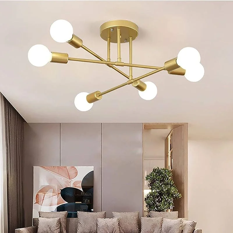 Vintage-taklampa med 6 glödlampor, retro-taklampa, 6 x E27-socklar, design, modern kristallkrona, metall, industri, takbelysning för vardagsrum, sovrum, matsal, restaurang, guld — Smart belysning