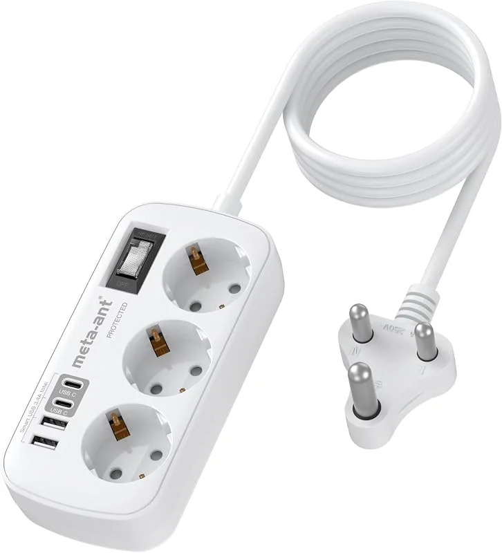 Adapter för Sydafrika med 3 uttag och 4 USB-portar (2 x USB-C 3, 4 A), snabbladdare, typ M-adapter för Sydafrika, Namibia, Lesotho, Moçambique, Botswana, Lesotho, 1, 5 m kabel — Mobil och surfplatta