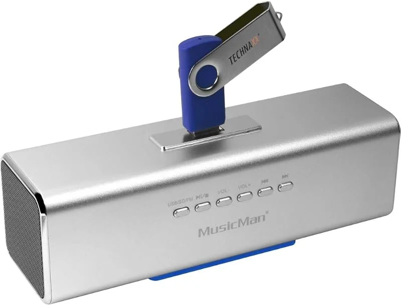 MusicMan MA Soundstation Bärbar högtalare - Stereoljud - Inbyggd FM-radio, MP3-spelare, USB, AUX, Line-In, MicroSD-kortstöd – Speltid 6 timmar - Perfekt för resor Music Man MA-högtalare (Silver) — Hörlurar och ljud
