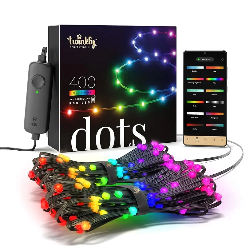 Twinkly Dots 20 m, flerfärgad LED-pannband för utomhus- och inomhusbruk, flexibelt RGB LED-pannband, kompatibelt med Alexa, Google Home, IP44, 16 M+ färger, appkontrollerad, svart tråd, 400 LED — Smarta hem